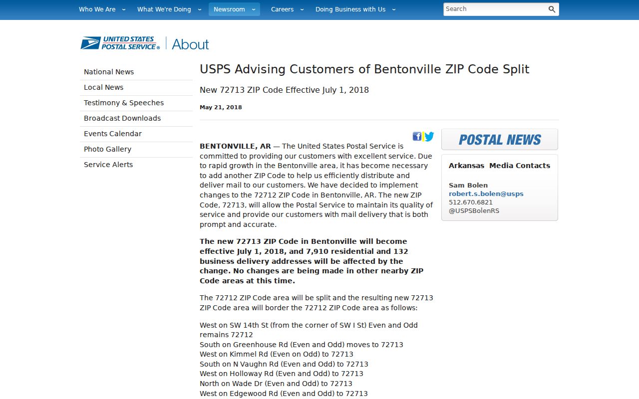 USPS announcement for the Bentonville ZIP code directory and 72713 split